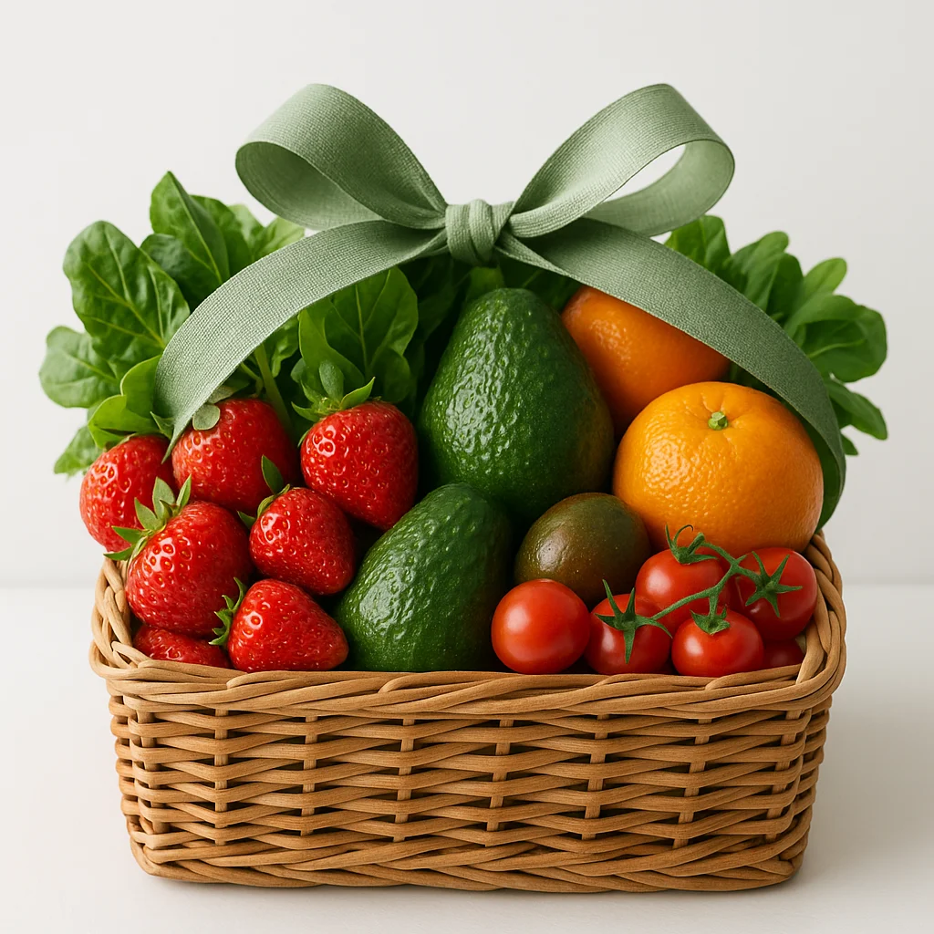 Canasta de regalo con frutas y verduras